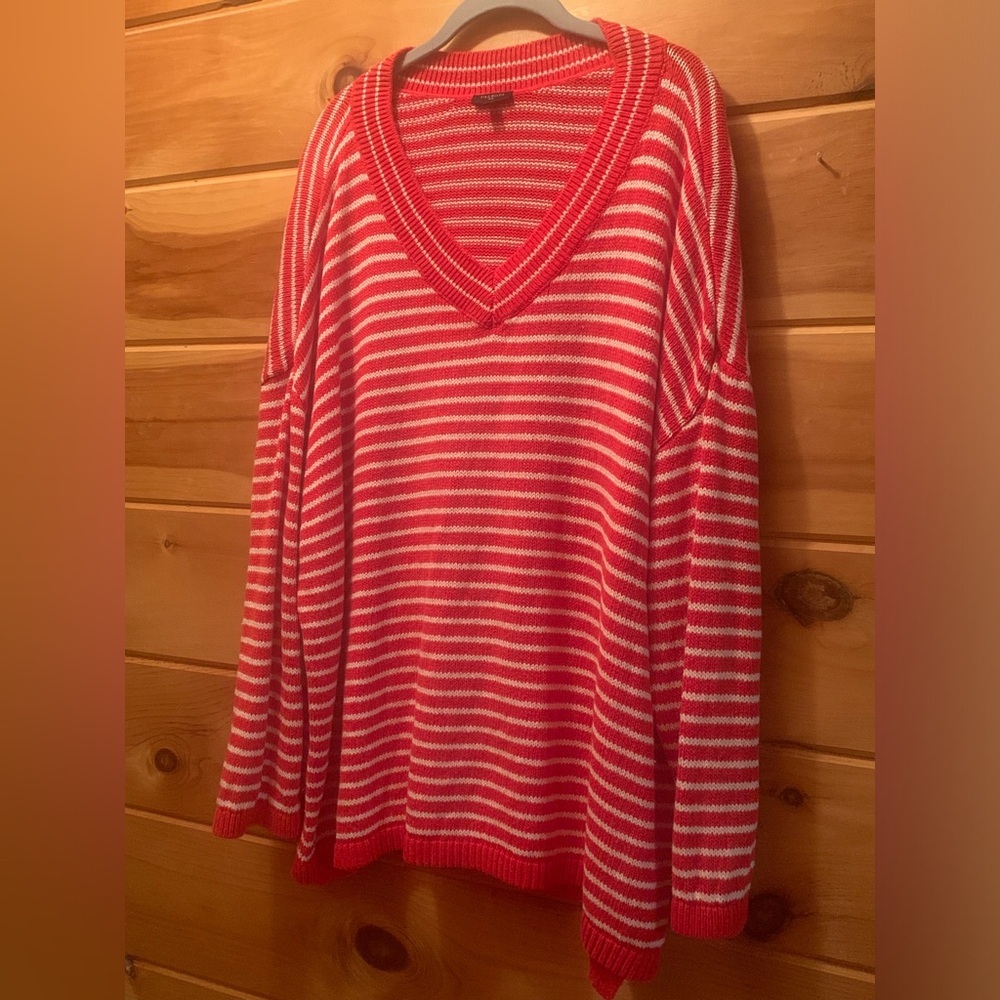 Talbots Red and White Striped V-Neck Sweater